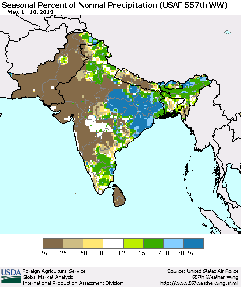 Southern Asia Seasonal Percent of Normal Precipitation (USAF 557th WW) Thematic Map For 5/1/2019 - 5/10/2019
