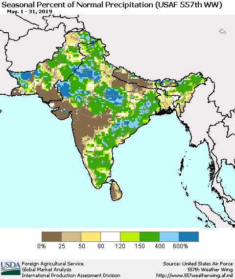 Southern Asia Seasonal Percent of Normal Precipitation (USAF 557th WW) Thematic Map For 5/1/2019 - 5/31/2019