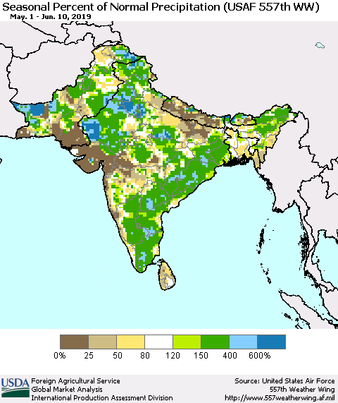 Southern Asia Seasonal Percent of Normal Precipitation (USAF 557th WW) Thematic Map For 5/1/2019 - 6/10/2019
