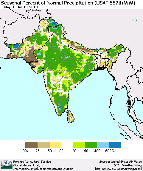 Southern Asia Seasonal Percent of Normal Precipitation (USAF 557th WW) Thematic Map For 5/1/2019 - 7/10/2019