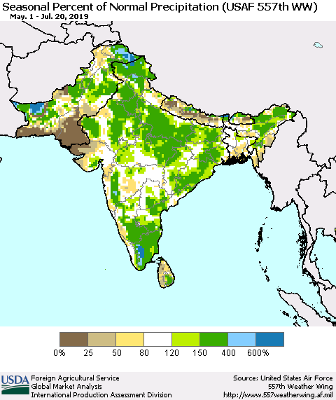 Southern Asia Seasonal Percent of Normal Precipitation (USAF 557th WW) Thematic Map For 5/1/2019 - 7/20/2019