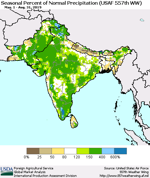 Southern Asia Seasonal Percent of Normal Precipitation (USAF 557th WW) Thematic Map For 5/1/2019 - 8/31/2019