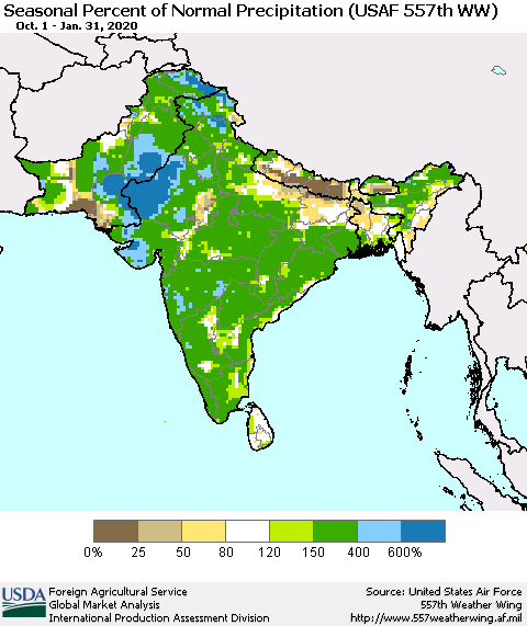 Southern Asia Seasonal Percent of Normal Precipitation (USAF 557th WW) Thematic Map For 10/1/2019 - 1/31/2020