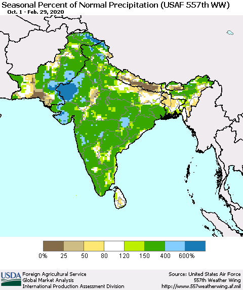 Southern Asia Seasonal Percent of Normal Precipitation (USAF 557th WW) Thematic Map For 10/1/2019 - 2/29/2020