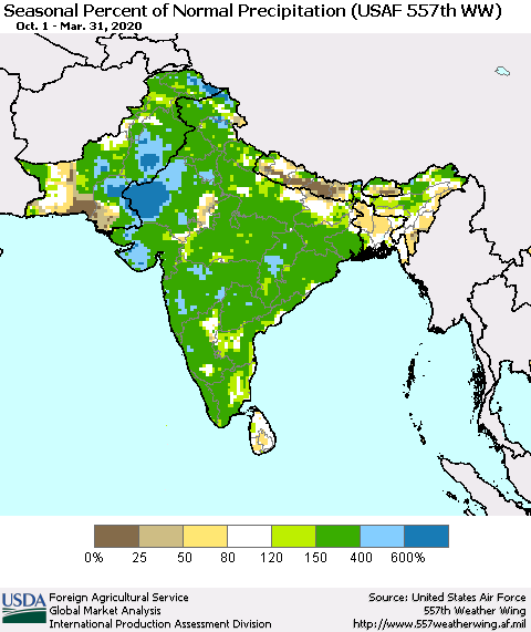 Southern Asia Seasonal Percent of Normal Precipitation (USAF 557th WW) Thematic Map For 10/1/2019 - 3/31/2020