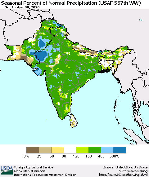 Southern Asia Seasonal Percent of Normal Precipitation (USAF 557th WW) Thematic Map For 10/1/2019 - 4/30/2020