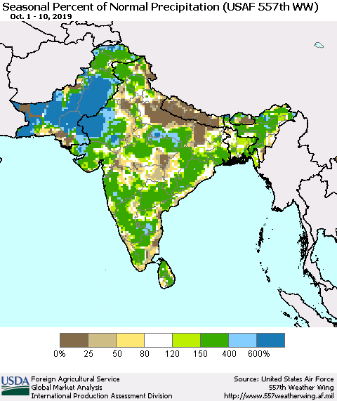 Southern Asia Seasonal Percent of Normal Precipitation (USAF 557th WW) Thematic Map For 10/1/2019 - 10/10/2019