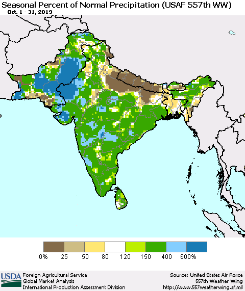 Southern Asia Seasonal Percent of Normal Precipitation (USAF 557th WW) Thematic Map For 10/1/2019 - 10/31/2019