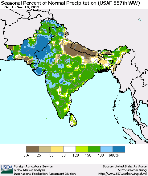 Southern Asia Seasonal Percent of Normal Precipitation (USAF 557th WW) Thematic Map For 10/1/2019 - 11/10/2019