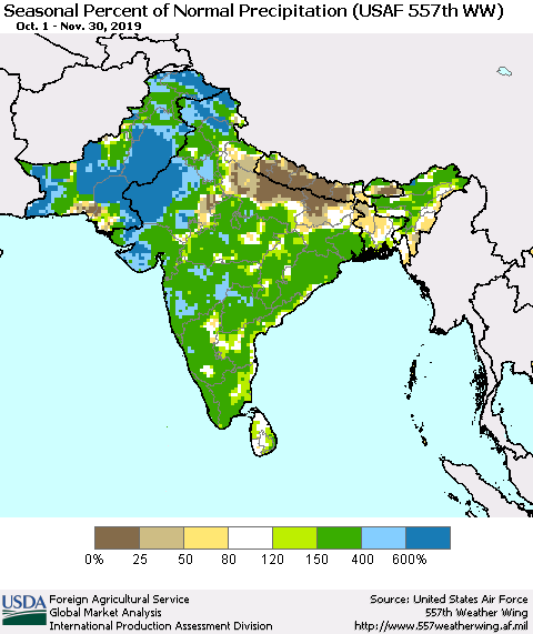 Southern Asia Seasonal Percent of Normal Precipitation (USAF 557th WW) Thematic Map For 10/1/2019 - 11/30/2019