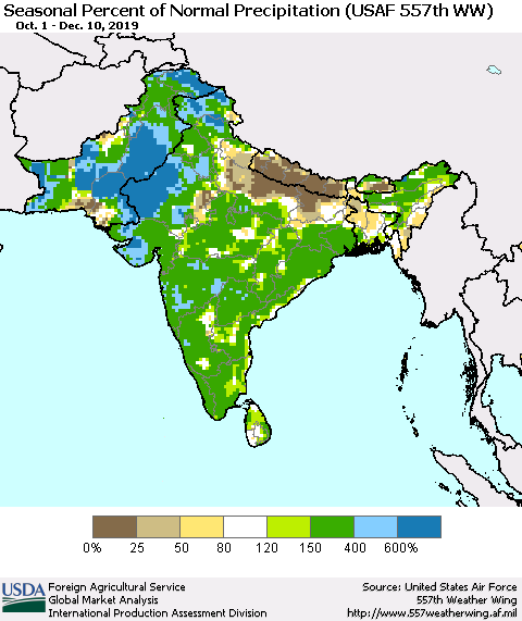 Southern Asia Seasonal Percent of Normal Precipitation (USAF 557th WW) Thematic Map For 10/1/2019 - 12/10/2019