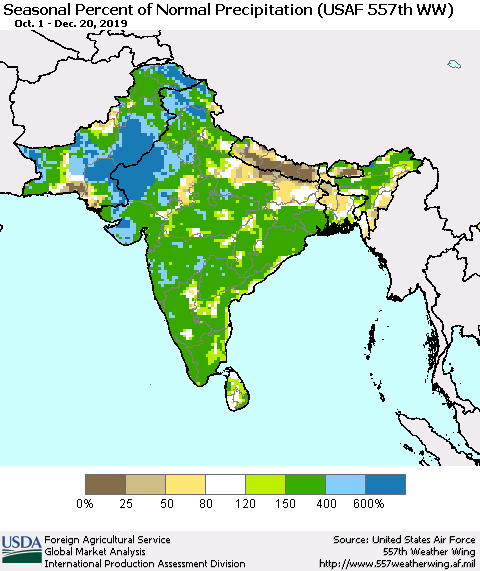 Southern Asia Seasonal Percent of Normal Precipitation (USAF 557th WW) Thematic Map For 10/1/2019 - 12/20/2019