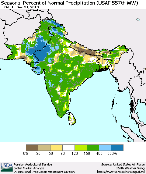 Southern Asia Seasonal Percent of Normal Precipitation (USAF 557th WW) Thematic Map For 10/1/2019 - 12/31/2019