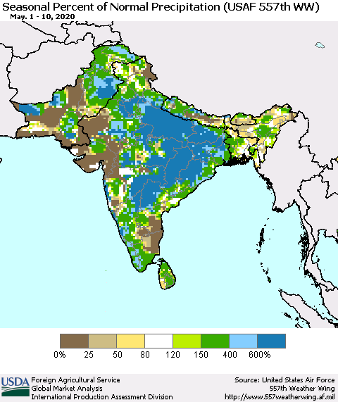 Southern Asia Seasonal Percent of Normal Precipitation (USAF 557th WW) Thematic Map For 5/1/2020 - 5/10/2020