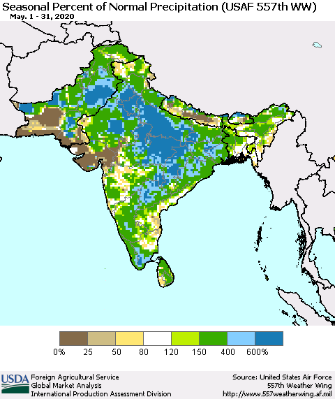 Southern Asia Seasonal Percent of Normal Precipitation (USAF 557th WW) Thematic Map For 5/1/2020 - 5/31/2020