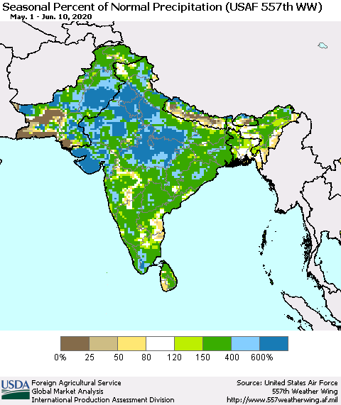 Southern Asia Seasonal Percent of Normal Precipitation (USAF 557th WW) Thematic Map For 5/1/2020 - 6/10/2020