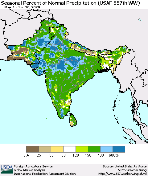 Southern Asia Seasonal Percent of Normal Precipitation (USAF 557th WW) Thematic Map For 5/1/2020 - 6/20/2020