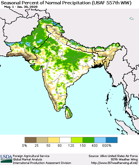 Southern Asia Seasonal Percent of Normal Precipitation (USAF 557th WW) Thematic Map For 5/1/2020 - 6/30/2020