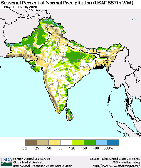 Southern Asia Seasonal Percent of Normal Precipitation (USAF 557th WW) Thematic Map For 5/1/2020 - 7/10/2020