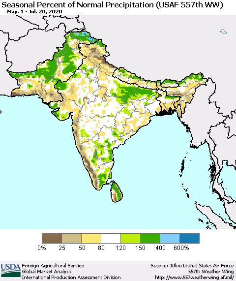 Southern Asia Seasonal Percent of Normal Precipitation (USAF 557th WW) Thematic Map For 5/1/2020 - 7/20/2020