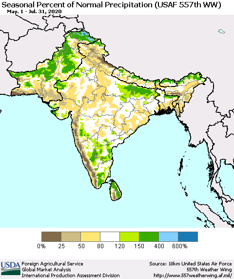 Southern Asia Seasonal Percent of Normal Precipitation (USAF 557th WW) Thematic Map For 5/1/2020 - 7/31/2020