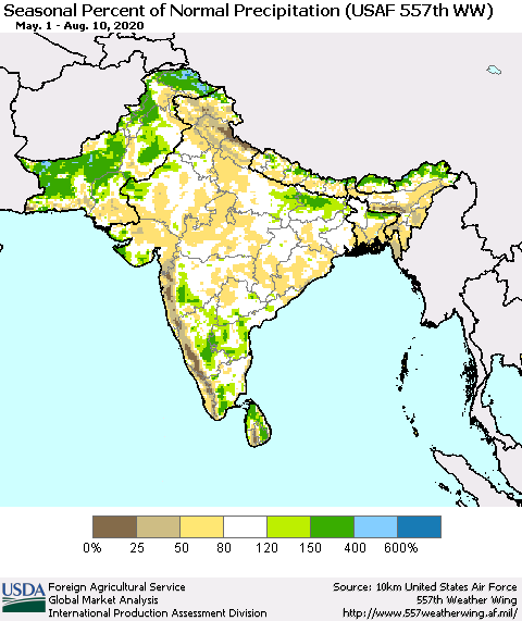 Southern Asia Seasonal Percent of Normal Precipitation (USAF 557th WW) Thematic Map For 5/1/2020 - 8/10/2020