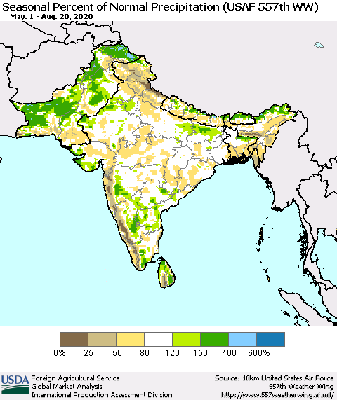 Southern Asia Seasonal Percent of Normal Precipitation (USAF 557th WW) Thematic Map For 5/1/2020 - 8/20/2020