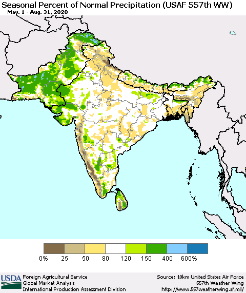 Southern Asia Seasonal Percent of Normal Precipitation (USAF 557th WW) Thematic Map For 5/1/2020 - 8/31/2020