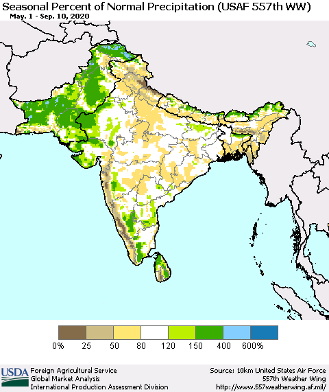Southern Asia Seasonal Percent of Normal Precipitation (USAF 557th WW) Thematic Map For 5/1/2020 - 9/10/2020