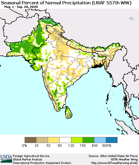 Southern Asia Seasonal Percent of Normal Precipitation (USAF 557th WW) Thematic Map For 5/1/2020 - 9/20/2020
