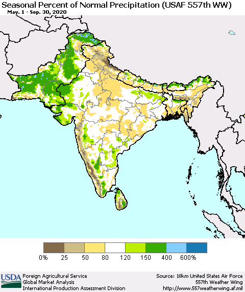 Southern Asia Seasonal Percent of Normal Precipitation (USAF 557th WW) Thematic Map For 5/1/2020 - 9/30/2020