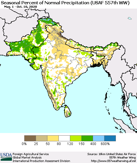 Southern Asia Seasonal Percent of Normal Precipitation (USAF 557th WW) Thematic Map For 5/1/2020 - 10/10/2020