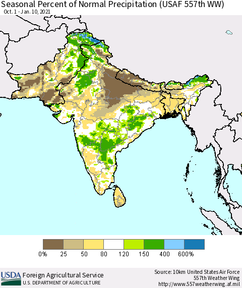 Southern Asia Seasonal Percent of Normal Precipitation (USAF 557th WW) Thematic Map For 10/1/2020 - 1/10/2021