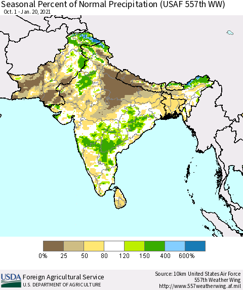Southern Asia Seasonal Percent of Normal Precipitation (USAF 557th WW) Thematic Map For 10/1/2020 - 1/20/2021