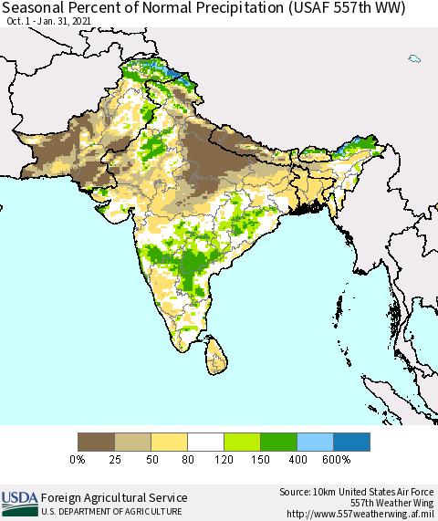 Southern Asia Seasonal Percent of Normal Precipitation (USAF 557th WW) Thematic Map For 10/1/2020 - 1/31/2021