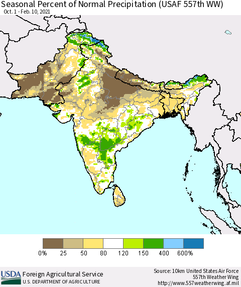 Southern Asia Seasonal Percent of Normal Precipitation (USAF 557th WW) Thematic Map For 10/1/2020 - 2/10/2021