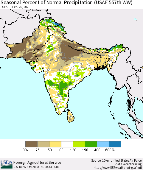 Southern Asia Seasonal Percent of Normal Precipitation (USAF 557th WW) Thematic Map For 10/1/2020 - 2/20/2021
