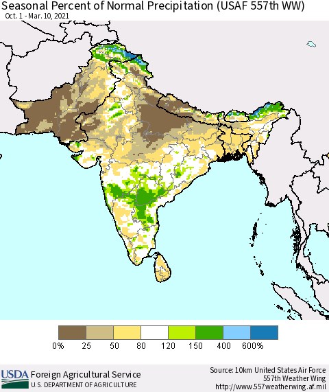 Southern Asia Seasonal Percent of Normal Precipitation (USAF 557th WW) Thematic Map For 10/1/2020 - 3/10/2021