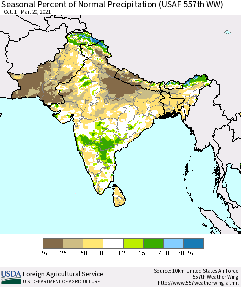 Southern Asia Seasonal Percent of Normal Precipitation (USAF 557th WW) Thematic Map For 10/1/2020 - 3/20/2021