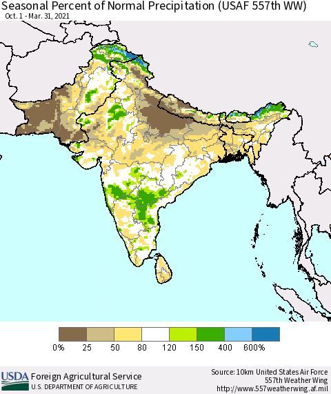 Southern Asia Seasonal Percent of Normal Precipitation (USAF 557th WW) Thematic Map For 10/1/2020 - 3/31/2021