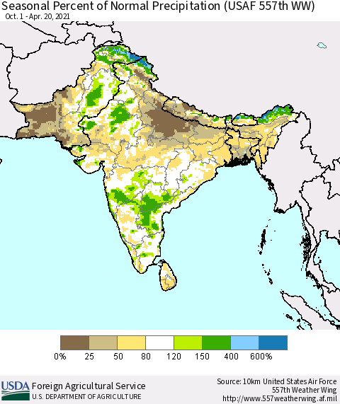 Southern Asia Seasonal Percent of Normal Precipitation (USAF 557th WW) Thematic Map For 10/1/2020 - 4/20/2021