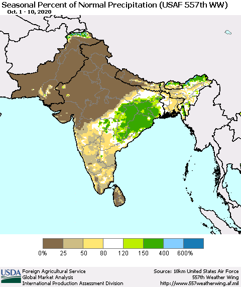 Southern Asia Seasonal Percent of Normal Precipitation (USAF 557th WW) Thematic Map For 10/1/2020 - 10/10/2020
