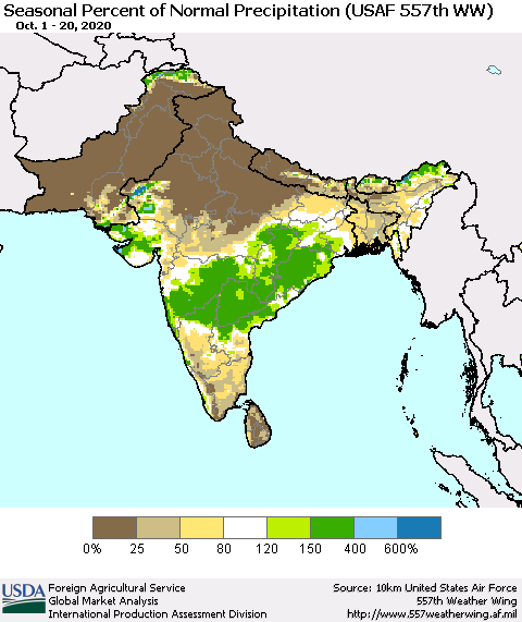 Southern Asia Seasonal Percent of Normal Precipitation (USAF 557th WW) Thematic Map For 10/1/2020 - 10/20/2020