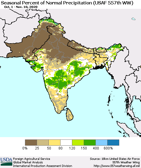 Southern Asia Seasonal Percent of Normal Precipitation (USAF 557th WW) Thematic Map For 10/1/2020 - 11/10/2020