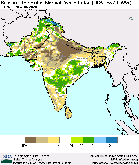 Southern Asia Seasonal Percent of Normal Precipitation (USAF 557th WW) Thematic Map For 10/1/2020 - 11/30/2020