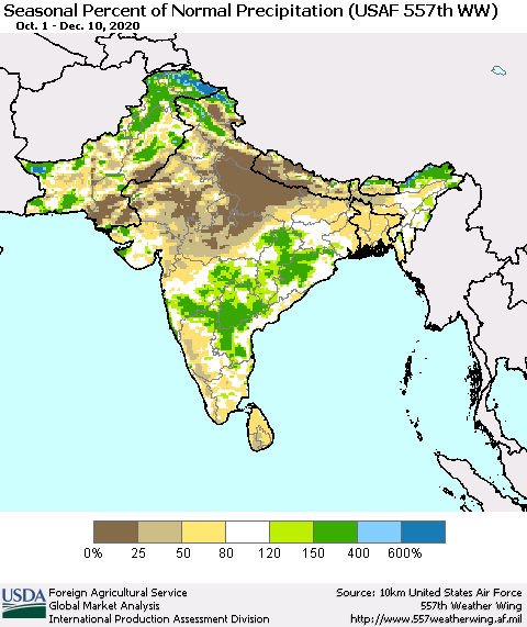 Southern Asia Seasonal Percent of Normal Precipitation (USAF 557th WW) Thematic Map For 10/1/2020 - 12/10/2020