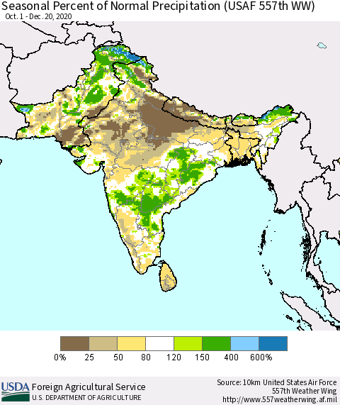 Southern Asia Seasonal Percent of Normal Precipitation (USAF 557th WW) Thematic Map For 10/1/2020 - 12/20/2020