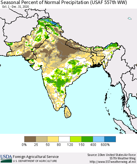 Southern Asia Seasonal Percent of Normal Precipitation (USAF 557th WW) Thematic Map For 10/1/2020 - 12/31/2020