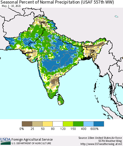 Southern Asia Seasonal Percent of Normal Precipitation (USAF 557th WW) Thematic Map For 5/1/2021 - 5/10/2021
