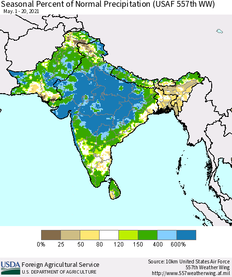Southern Asia Seasonal Percent of Normal Precipitation (USAF 557th WW) Thematic Map For 5/1/2021 - 5/20/2021